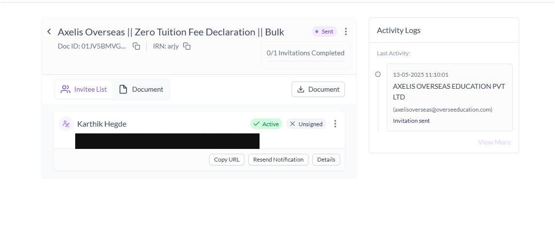 Zero Tuition Fee declaration sent to Karthik Hegde