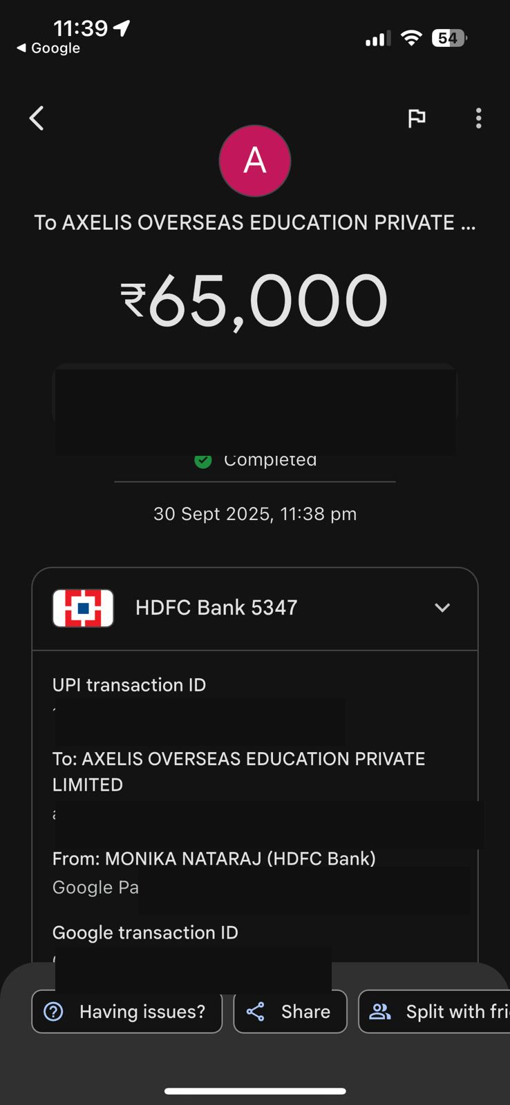 UPI transfer of โน65,000 from Monika Nataraj to Axelis Overseas Education Private Limited