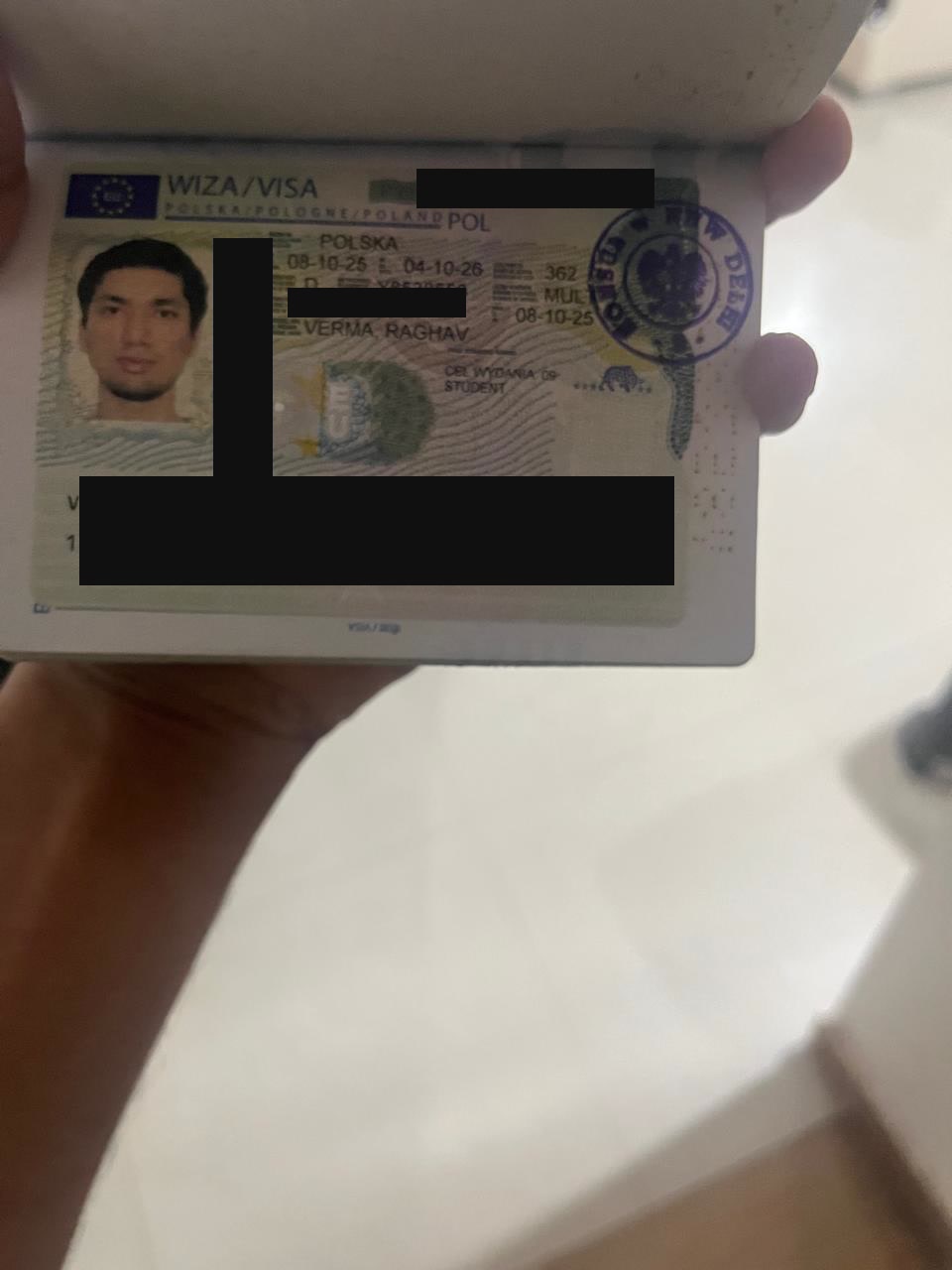 Polish student visa stamp issued to Raghav Verma